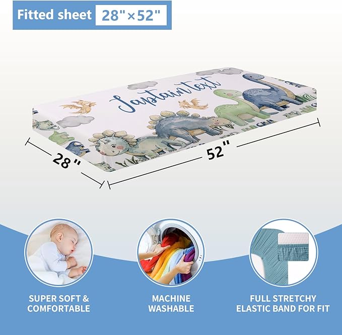 Custom Baby Crib Bedding Set, 5 Pcs Personalized Name Green Dino Baby Crib Set for Kid Infant Toddler, Double Layer Customized Present