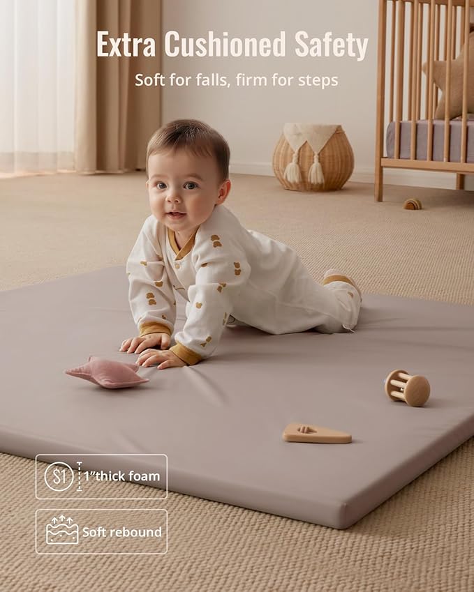 Blissful Diary Vegan Leather Baby Play Mat, 47x47 Thicken Foam Cushioned & Waterproof Playpen Mat for Infants and Toddlers, Stylish and Just Wipe-Clean Playmat for Baby Play on Floor, Taupe