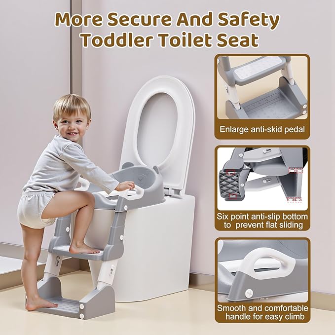 Potty Training Seat, 3-in-1 Toddler Toilet Seat with Step Stool Ladder, Splash Guard Anti-Slip Pad, Foldable Potty Chair with Soft Cushion for Toddler Kids Boys Girls