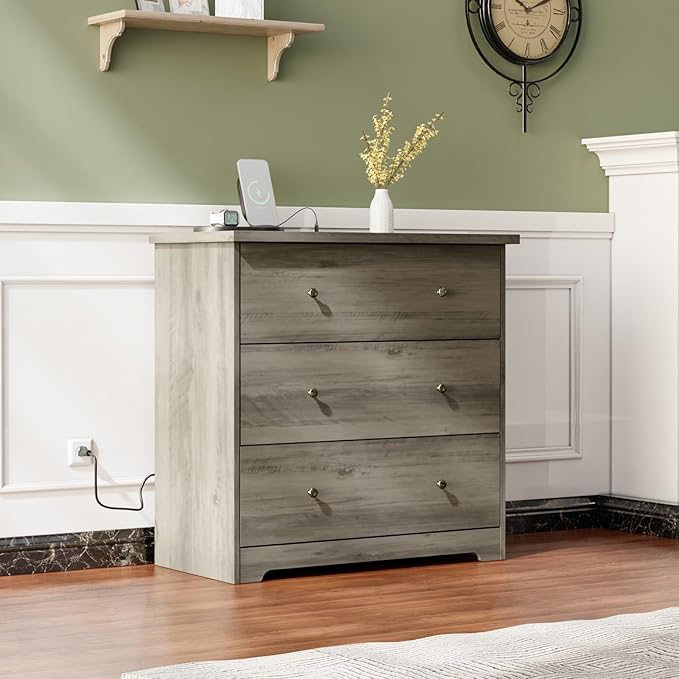 VINGLI 3 Drawer Dresser with Charging Station, Small Dresser Grey Chest of Drawers, 31.5" W Gray Wood Dressers for Bedroom, Living Room, Hallway, Home Office, 15.75" D x 31.5" W x 31.5" H