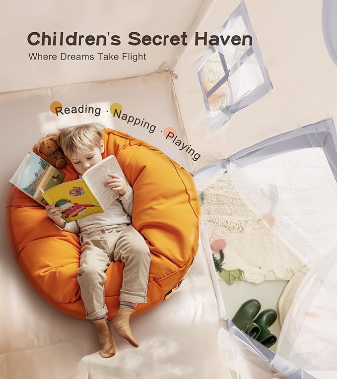 Little Dove Play Tent with mat, Star Lights, Tissue Garland, Kids playtent Indoor, Toddler Play Tent Large Outdoors for Kids Aged 3+, 52" x35" x 52", Toddler Teepee Play House with Windows Grey Color