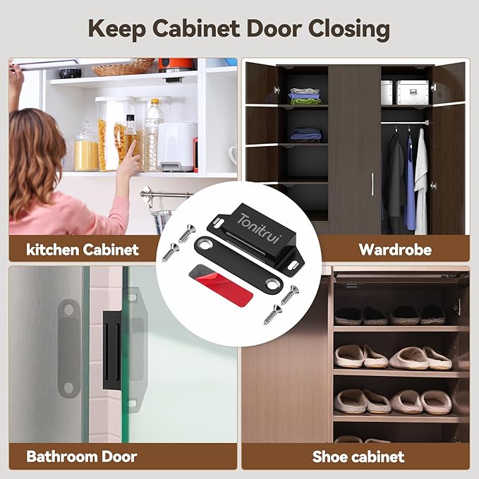 Cabinet Door Magnet, Flat Bottom Cabinet Magnetic Catch with Adhesive, Easy to Install,Only Takes 1 Minute,35lb Magnetic Cabinet Door Drawer Latch(Black, 4Pack)
