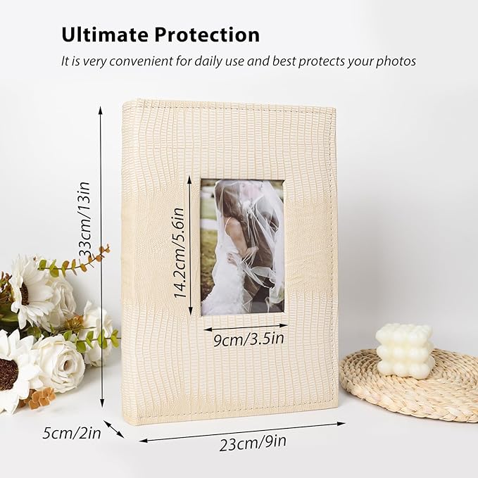 RECUTMS Photo Album for 4x6 Pictures,Leather Cover with Front Window,50 Sheets Small Slip-in Photo Book 300 Photos with Writing Space for Wedding Family Baby Graduation (Beige)