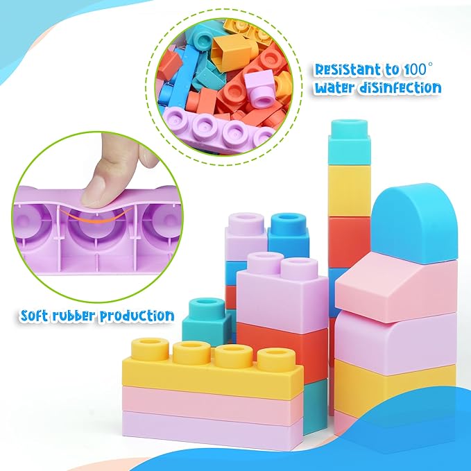 45 Pcs Soft Building Blocks for Toddlers 18M+, BPA - Free Sensory Toys, Montessori STEM DIY Construction Bricks, Safe Teething & Early Learning Toys, Creative Building Set for Baby Kids