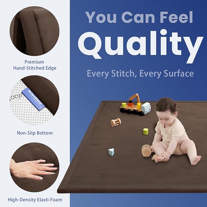 Baby Play Mat for Floor,1.3" Thick Memory foam Tummy Time Mat,Water Repellent Soft Velvet Nursery Rug,Extra Large Non Slip for Crawling,Toddlers,Infants,kids,Tatami Style for Living Room(Dark Brown)