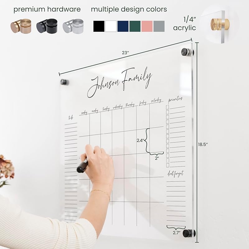 Personalized Clear Acrylic Calendar for Wall, Calendar Whiteboard for Wall, Dry Erase Wall Calendar, Wall Calendar Organizer System for Home (Cursive, Blush, 23"W x18.5"H)