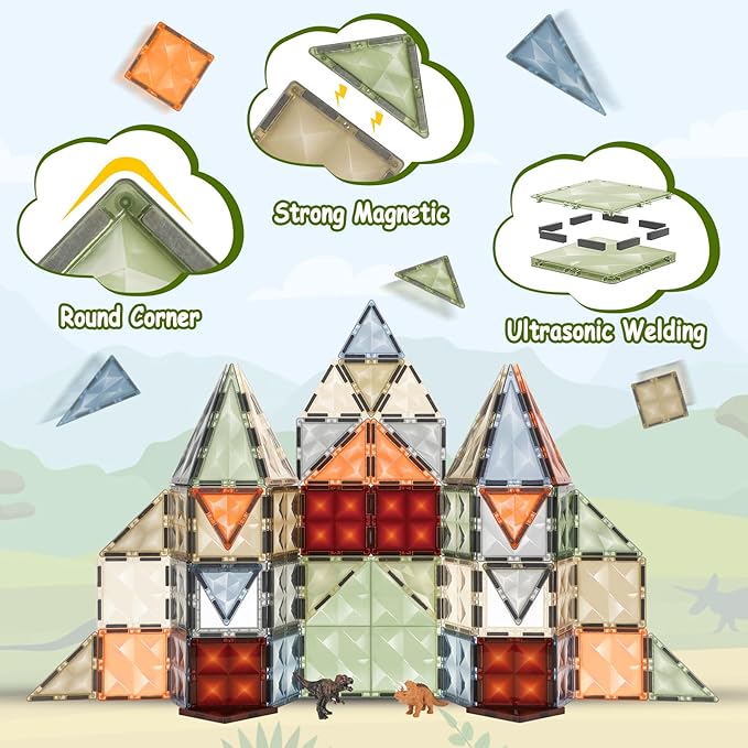 3D Magnetic Tiles, STEM Learning and Encourage Imaginative Play Magnetic Blocks, Preschool Puzzle Toys with Dinosaur, Gift for Boys and Girls 3 4 5 6 7 8 Years+