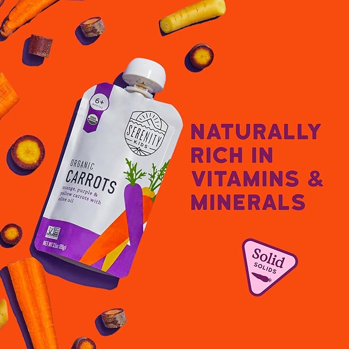 Serenity Kids 6+ USDA Months Organic Carrot Veggie Puree Baby Food Pouches - 3.5 oz Pack of 12 - Organic, BPA-Free & Allergen Free - No Sugary Fruits & No Added Sugar - 3.5 Oz, 12 Pack