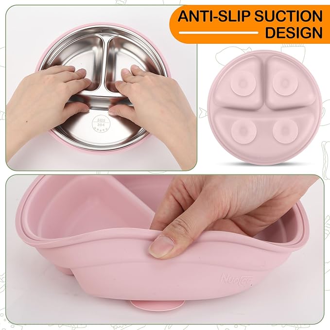 Nuogo 1 Pcs Stainless Steel Baby Suction Plates with Removable Silicone Shell 2-in-1 Metal Toddler Bowl Divided for Picky Eaters Kids Feeding Led Weaning Supplies, Dishwasher Safe (Dark Pink)