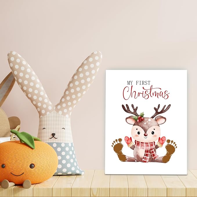 SHLINCO Elk Handprint Keepsake DIY Kit, Baby's First Christmas Keepsake, Winter Decoration, Family Footprint Art for Kids, 7.8x9.8 Inch Canvas, Suitable For Desktop Wall Ornaments