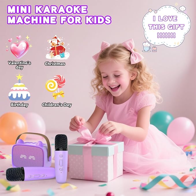 Mgaolo Upgraded Mini Karaoke Machine Toy for Kids, Portable Bluetooth Speaker with 2 Wireless Mics, Emoji & Colorful LED Lights, Home Travel & Party Play Gifts for Boys Girls (Purple)