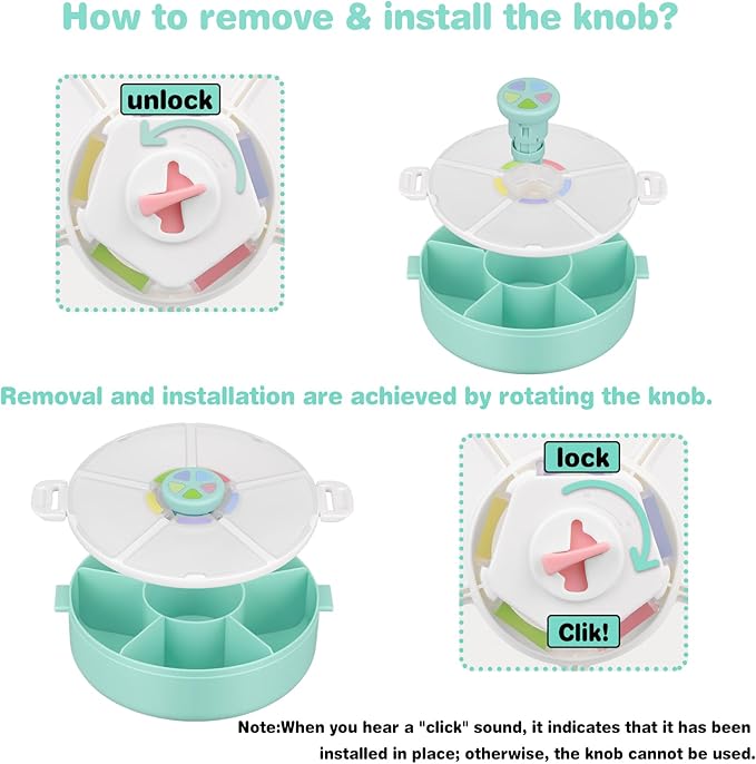 Kids Reusable Rotating Snack Container with 5 Separate Compartments, Color Matching Opening Lid,BPA/PVC-Free, Dishwasher Safe, Perfect for Travel, School Lunches & On-the-Go Snacking-Green