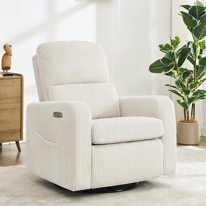 Swivel Rocker Recliner, Oversized Power Recliner Glider with Removable Cushion, Upholstered Swivel Reclining Nursery Chairs for Living Room Bedroom, Corduroy White