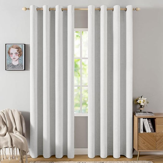 MIULEE 90 Inches Linen Textured Curtains for Bedroom 100% Blackout Thermal Insulated Heathered White Grommet Room Darkening Drapes Luxury Decor for Living Room Nursery 52 x 90 Inch (2 Panels)
