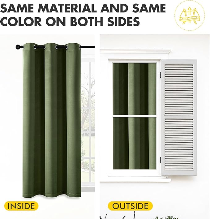 MIULEE Olive Green Blackout Curtains for Bedroom Living Room 90 Inches Long 2 Panels, Thermal Insulated Room Darkening Drapes Solid Grommet Top Noise Reducing Dark Green Window Treatments 40x90 Inch