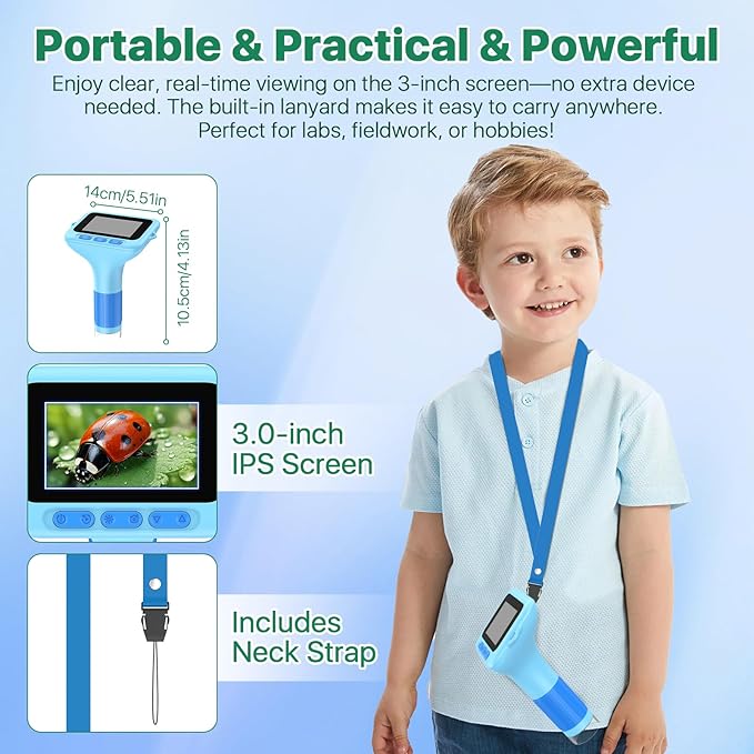 Digital Handheld Microscope for Kids: 3.0" Large HD Screen 1000X Portable Mini Microscopes with Camera Video Recording Slides Kit Science Educational Boys Girls Toy Gifts