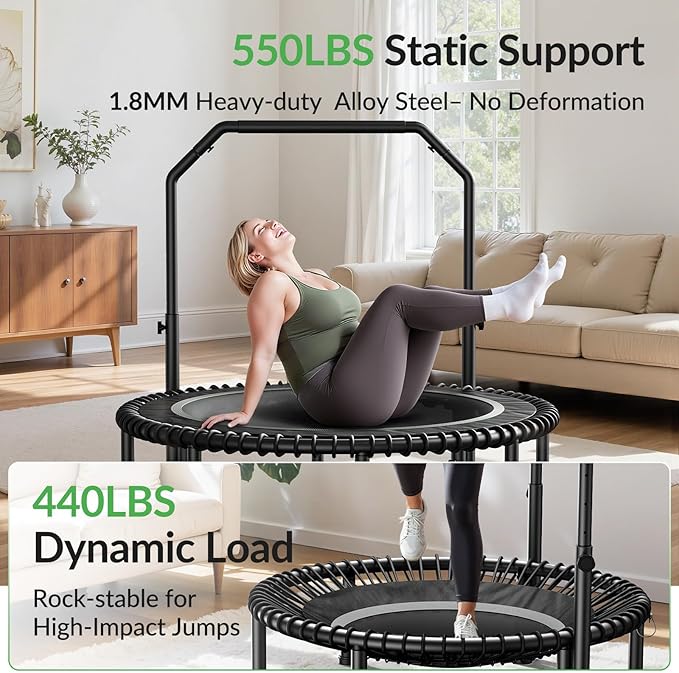 BCAN 40"/48" Mini Rebounder Trampoline for Adults with Bar, 450/550LBS Fitness Trampoline with Bungees, Adjustable Handle, Stable & Quiet, Indoor Outdoor, Whole-Body Workout & Relaxation at Home