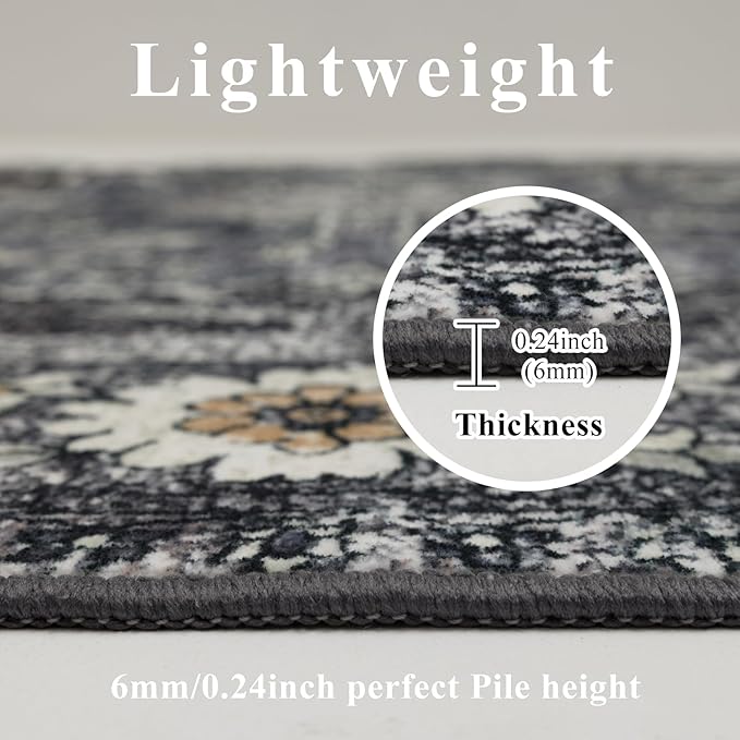 4x6 Washable Area Rug for Living Room, Carpet for Bedroom, Soft Faux Wool Retro Dining Room Rug, Non Slip&Non-Shedding Resistant Low Pile Vintage Print Rug for Home Office (Tan/Gray)