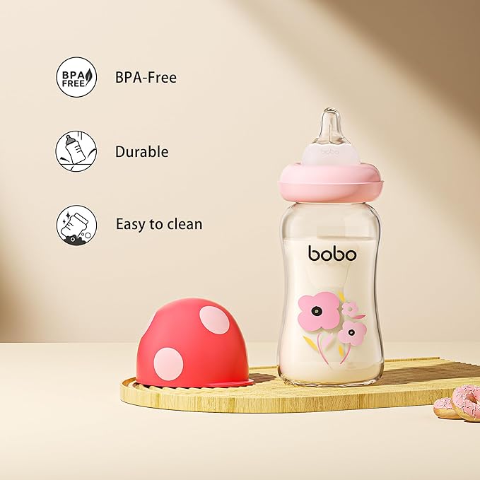 YOHKOH Natural Glass Baby Bottle with Natural Response Nipple, Newborn Anti-Colic Baby Bottles, Wide Neck Mushroom Cap Baby Bottle, Clear (Multicolour1, (5.4oz (Pack of 4))