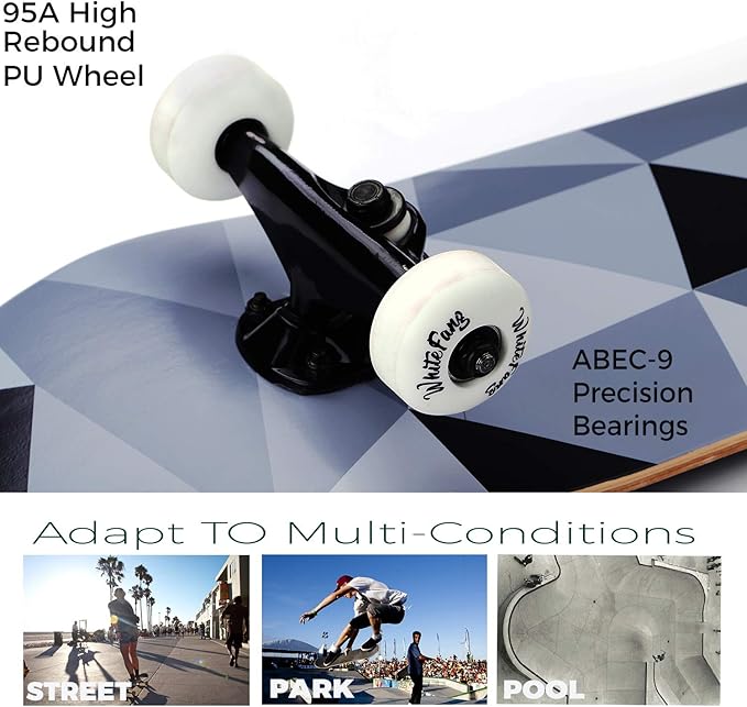 WhiteFang Skateboards for Beginners, Complete Skateboard 31 x 7.88, 7 Layer Canadian Maple Double Kick Concave Standard and Tricks Skateboards for Kids and Beginners