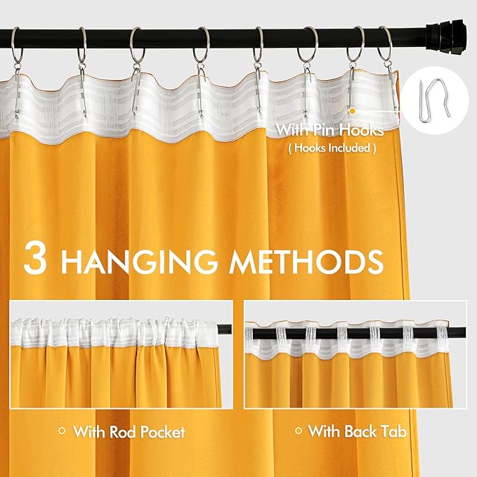 MIULEE Yellow Back Tab Blackout Curtains 108 Inch Long 2 Panels Set for Bedroom, Rod Pocket/Pinch Pleat Extra Long Thermal Insulated Living Room Darkening Pleated Light Blocking Drapes