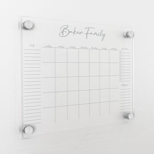 Personalized Clear Acrylic Calendar for Wall, Calendar Whiteboard for Wall, Dry Erase Wall Calendar, Wall Calendar Organizer System for Home (Cursive, Grey, 14"W x 11"H)