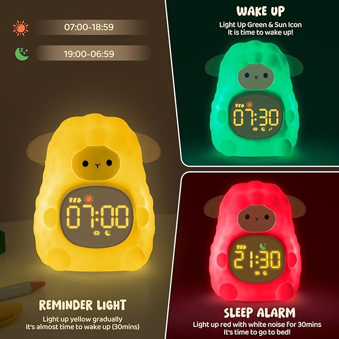 Sheep Alarm Clock with Night Light for Kids with Sleep Training and Sound Machine, Rechargeable Silicone Lamp OK to Wake Clock，Cute Animal Tabletop Lamp, Perfect Sleep Companion for Boys Girls