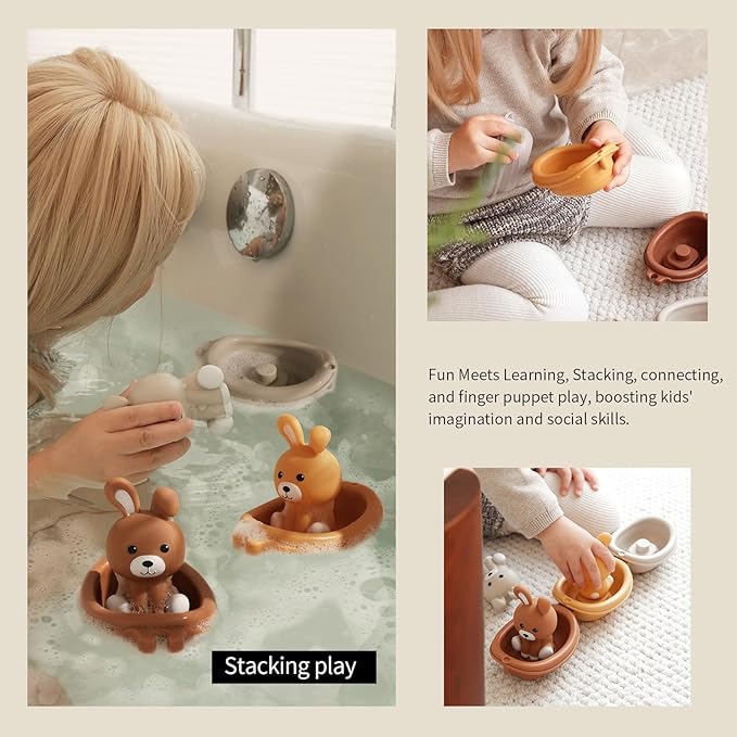 Nueplay Bathtub Toys for Toddlers 18M+，Baby Bath Toys with Animal Finger Puppets，Stackable Boat Train，Easter Bunny Gifts for Baby & Toddlers Set of 6