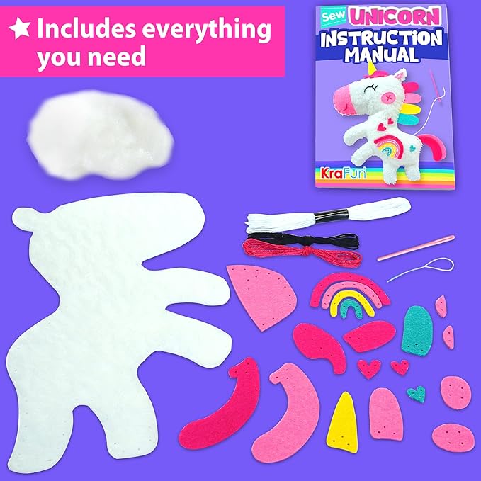 KRAFUN Beginner My First Unicorn Sewing Kit for Kids Art & Craft, Doll Plushie Animal, Instructions & Plush Felt Materials for Learn to Sew, Embroidery, Age 7 8 9 10 11 12