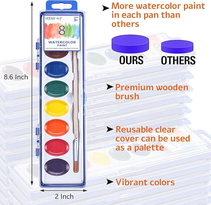 Watercolor Paint Set for Kids (8 Colors), 24 Pack Washable Watercolor + 24 Woodbrushes, Water Color Paint for Classroom, Party Favors and Art Activities