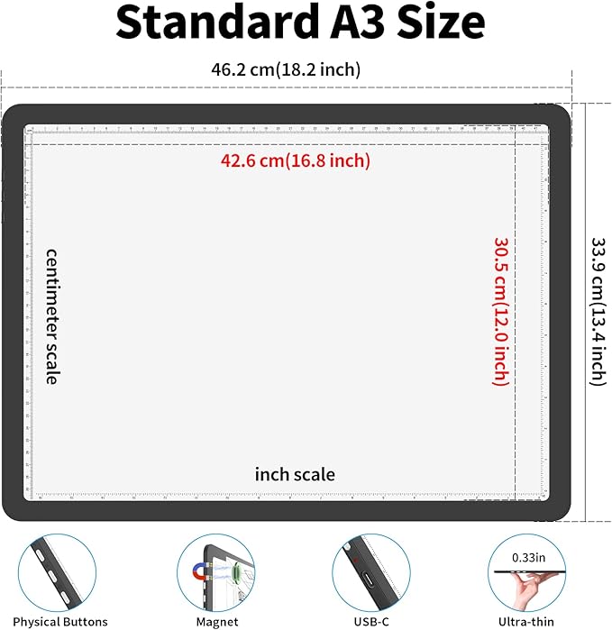 Phylosal Rechargeable A3 Light Pad with Carry Bag, Ultra-Thin Magnetic Tracing Light Box for Drawing, Diamond Art Painting Light Board with Side Button, Super Bright Light Table for Sketching (Black)