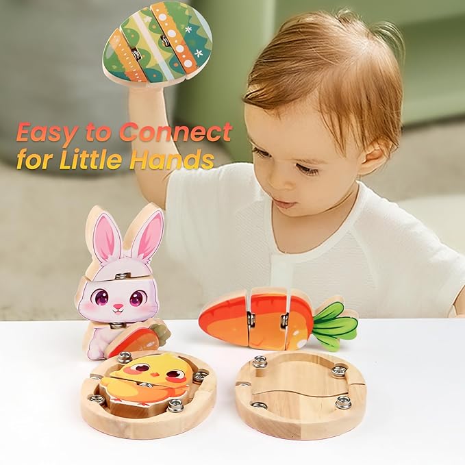 HUZU Easter Snap Builders, Easter Basket Stuffers Bunny, Carrot, Egg, Chick Wooden Puzzle Toy, Basket Essentials Take Apart & Mix Characters Kids Montessori STEM Fine Motor Skill