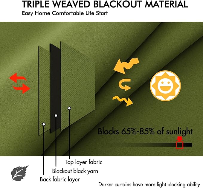 ANRODUO Back Tab Blackout Curtains for Bedroom Living Room, Rod Pocket Pinch Pleated Thermal Insulated Room Darkening Curtains 84 Inches Long 2 Panels, Olive Green, 42 x 84 Inch