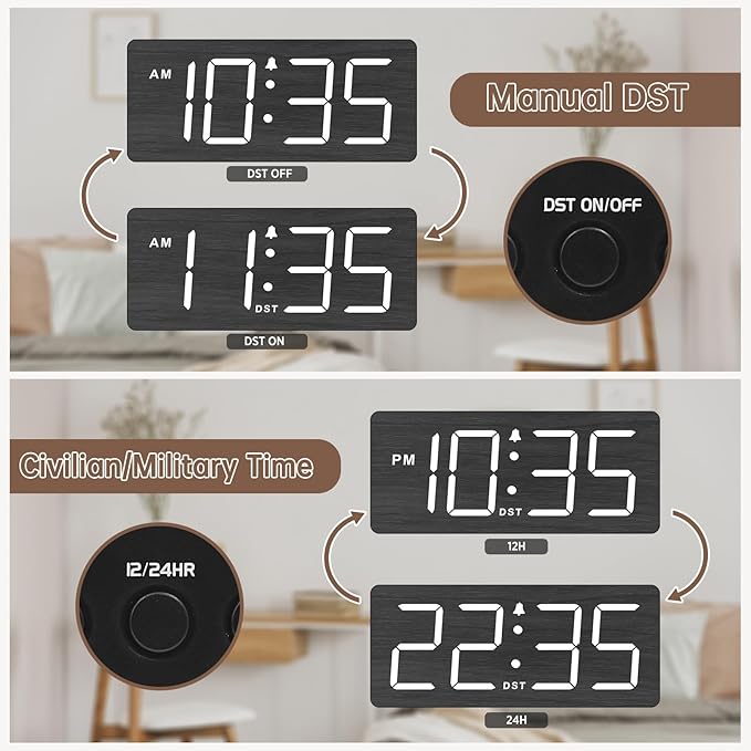 DreamSky Wooden Digital Alarm Clock for Bedroom - Loud Alarm Clock for Heavy Sleepers with Volume Control, Desk Clocks for Living Room with Large Numbers, Dimmer, DST, Wood Decor (Adapter Powered)