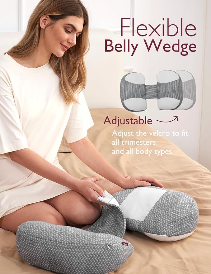 Momcozy Plus W Shaped Pregnancy Pillow for Sleeping, Adjustable Maternity Pillow for Side Sleepers, Portable Wedge Belly Support, Compact Design for Back Belly and HIPS, Grey and White