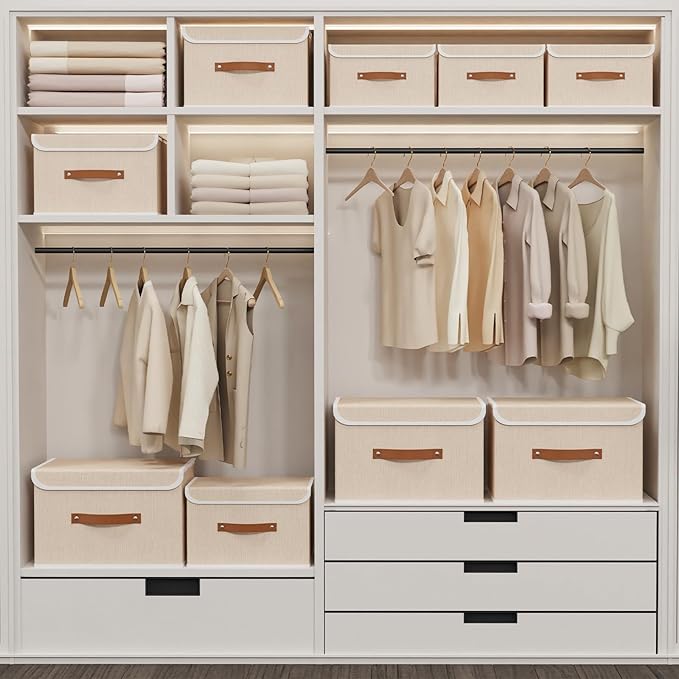 Yawinhe Collapsible Storage Boxes, Linen Fabric Baskets, Bin with lid and Leather Handle, Washable, for Home, Closet, Beige, 15.0''Lx9.8''Wx9.8''H, 3-Pack, USNK024BEL-3