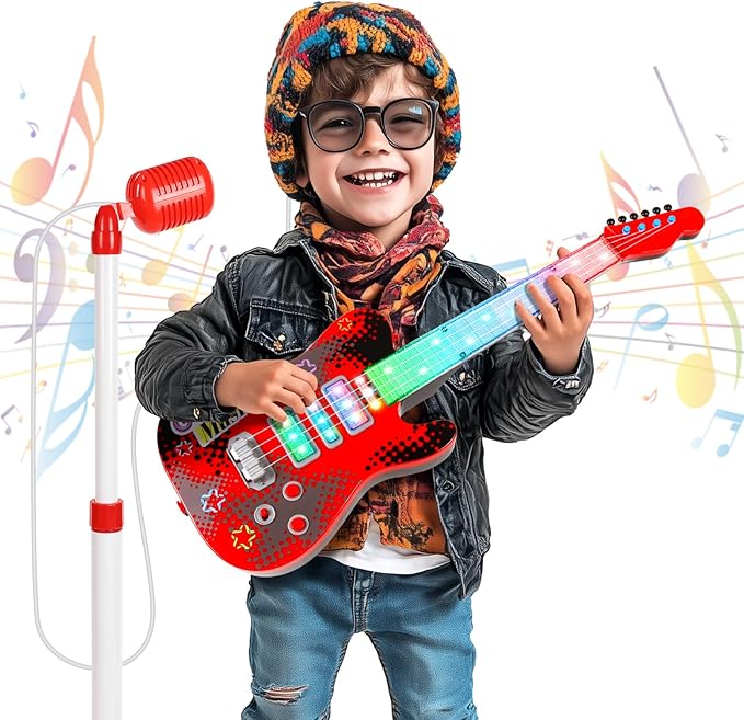 Kids Guitar and Microphone Playset with 4 Strings, Electric Guitar Kit with Lifting Mic Stand, Toddler Toys Musical Instruments Starter Kit, Karaoke Machine Toys for Boys Girls Christmas Guitars Gifts