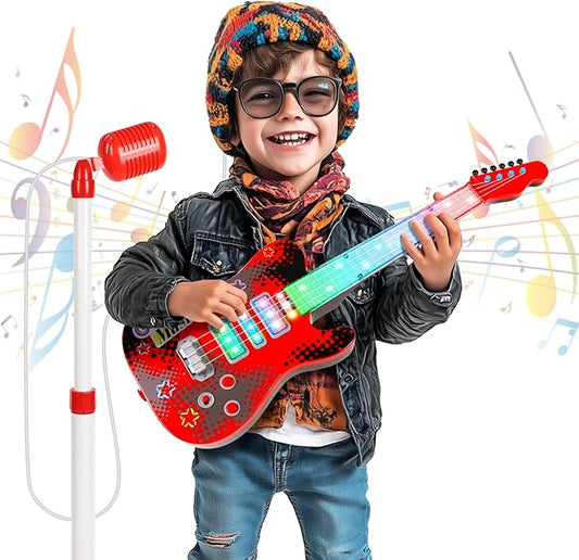 Kids Guitar and Microphone Playset with 4 Strings, Electric Guitar Kit with Lifting Mic Stand, Toddler Toys Musical Instruments Starter Kit, Karaoke Machine Toys for Boys Girls Christmas Guitars Gifts