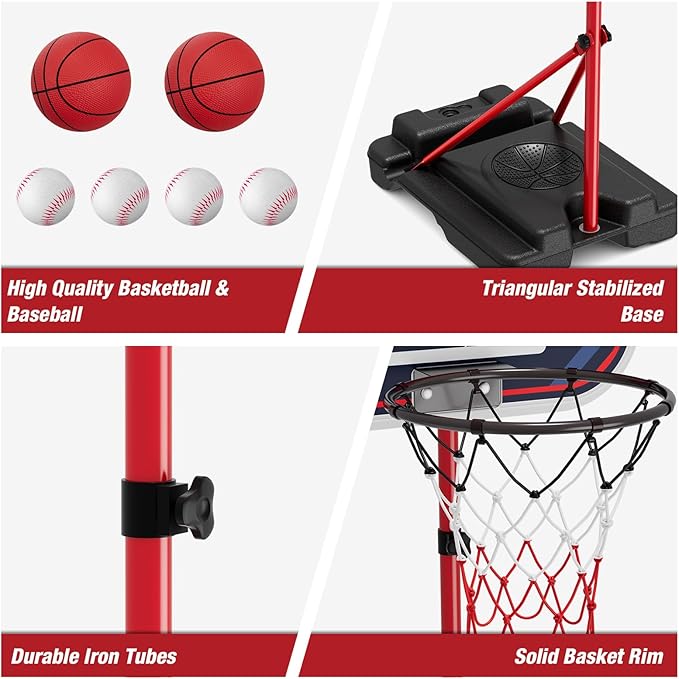 4 in 1 Kids Basketball Hoop and Tball Set for Toddlers 3-5, Adjustable Hanging Tee Ball Stand with Automatic Baseball Pitching Machine, Indoor Outdoor Sport Toys Birthday Gifts for Boys Girls