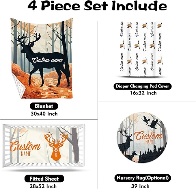 Custom Nursery Crib Bedding Set: Personalized Name 4 Piece Orange Sika Deer Design Baby Crib Sets for Baby Girls - Toddler Double Layer Blanket Set, Comfortable Crib Bed Sheets for Baby Toddlers