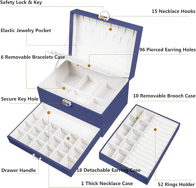 Earring Jewelry Box for Women Girls Stud Organizer, 5 Layers Navy Jewelry Organizer Box With Lock Earring Holder Organizer Ring and Necklace Jewelry Box with Earrings Holder for Women Girls