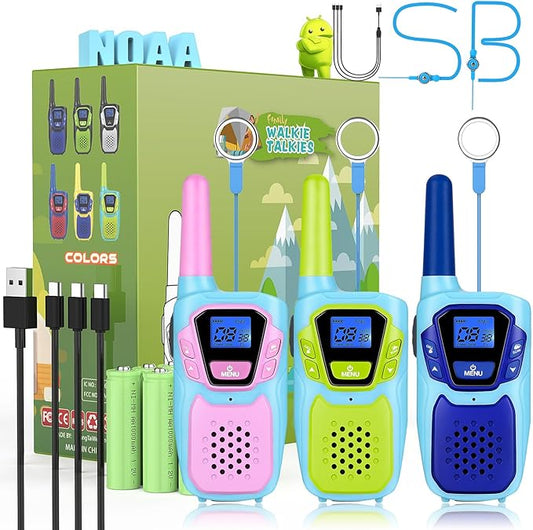 Walkie Talkies for Kids Long Range Rechargeable 4 Miles NOAA Walkie-Talkies for Adults Seniors Toddlers Boys Girls Teens 3 Pack, Family Pink 2 Way Radio Toy for Adventure Camping Skiing Cruise