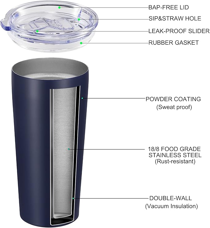 VEGOND 20oz Tumbler Bulk with Lid and Straw 6 Pack, Stainless Steel Vacuum Insulated Tumbler, Double Wall Coffee Cup Travel Mug, Navy Blue