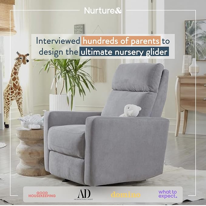 Nurture& The Glider Premium Power Recliner Nursery Glider Chair with Adjustable Head Support | Designed with a Thoughtful Combination of Function and Comfort | Built-in USB Charger (Gray)