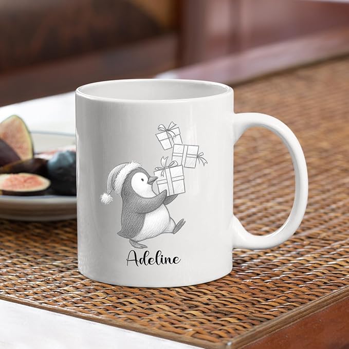 Personalized Penguin Accent Coffee Cup With Name, Cute Penguins Ceramic Mug Gift For Granddaughter Grandson Birthday, Customized Name Penguin White Coffee Mug 11 15 Oz, Novelty Penguins Lover Teacup