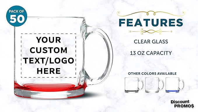 Custom Libbey Clear Glass Coffee Mugs 13 oz. Set of 50, Personalized Bulk Pack - Perfect for Coffee, Tea, Espresso, Hot Cocoa, Other Beverages - Red Bottom