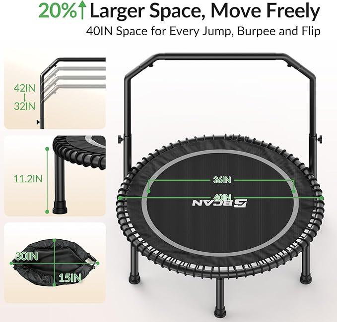BCAN 40"/48" Mini Rebounder Trampoline for Adults with Bar, 450/550LBS Fitness Trampoline with Bungees, Adjustable Handle, Stable & Quiet, Indoor Outdoor, Whole-Body Workout & Relaxation at Home