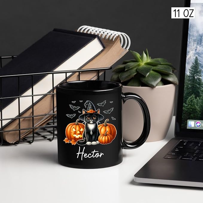 Custom Tuxedo Halloween Coffee Mugs with Name, Personalized Tuxedo with Pumpkins Ceramic Cups, Cat Wearing Witch Hat Black Mug, Cat Halloween Cup 11oz 15oz, Gift for Men Women Pet Lover