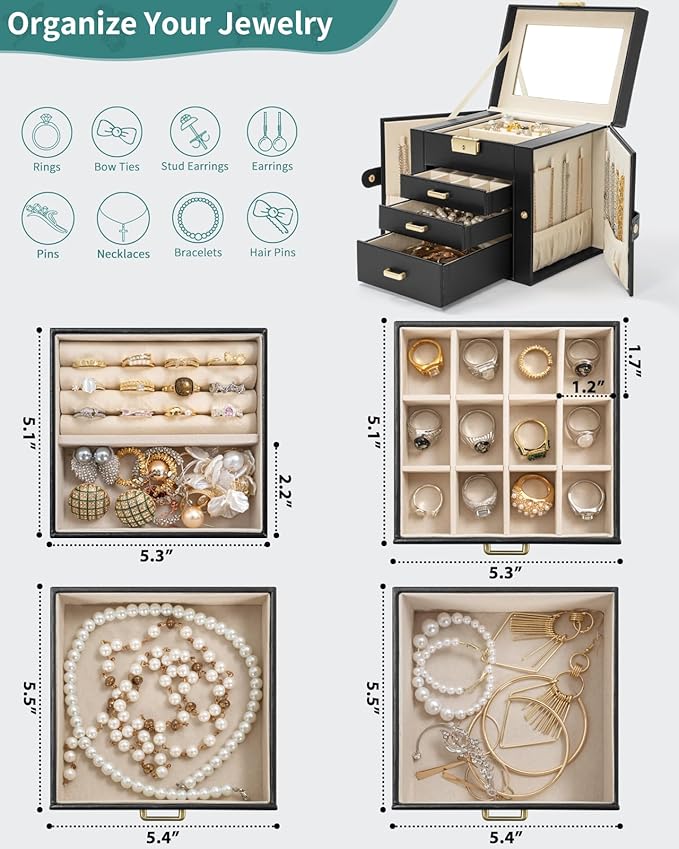 AKOZLIN 4-Tier Jewelry Box Leather Jewelry Storage Organizer with 3 Drawers Lockable for Women Girls Ring Necklace Earring Bracelet Holder with Mirror Black