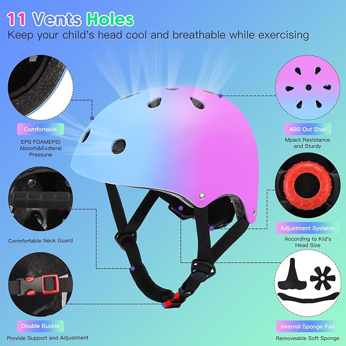 Color Gradient Adjustable Kids Bike Helmet Toddler Skateboard Helmets Boys Girls Child Ventilation Helmet for Multi-Sports Skating Cycling Scooter Balance